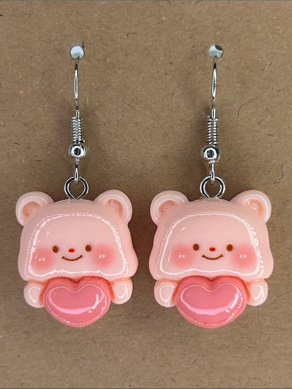 Pink Bear Holding A Heart Drop Earrings Cute Women's Fashion Jewelry